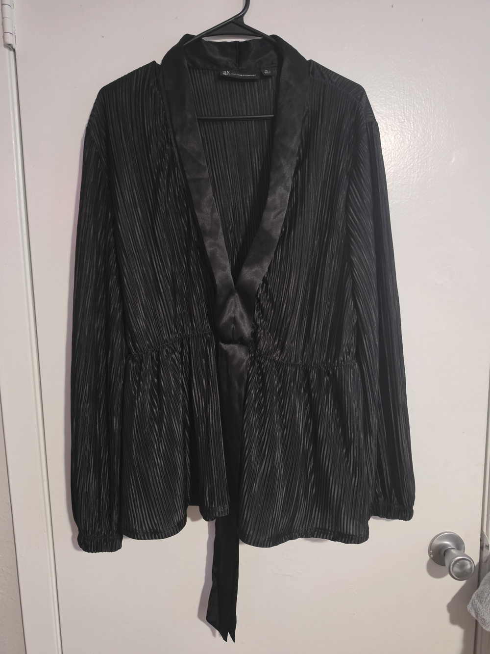 New York & Company Black Pleated Satin-Trim Peplum Top